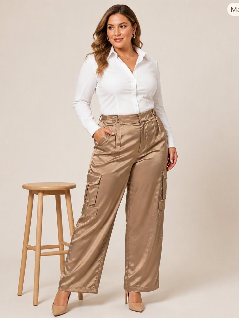 A New Day Khaki Satin Cargo Trousers – Size 12 Like New
